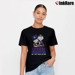 Women’s Snoopy And Charlie Brown Fan Uconn Huskies T-Shirt in black | Soft, Flattering Fit