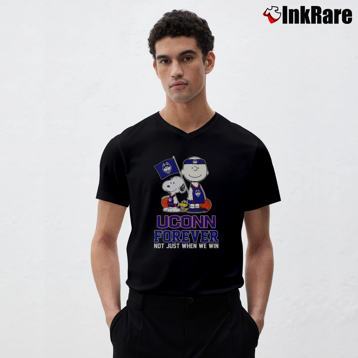 Snoopy And Charlie Brown Fan Uconn Huskies Men’s V-Neck Tee in black – Modern Essential Men’s Snoopy And Charlie Brown Fan Uconn Huskies V-Neck Tee in black | Sharp, Breathable, Everyday Staple