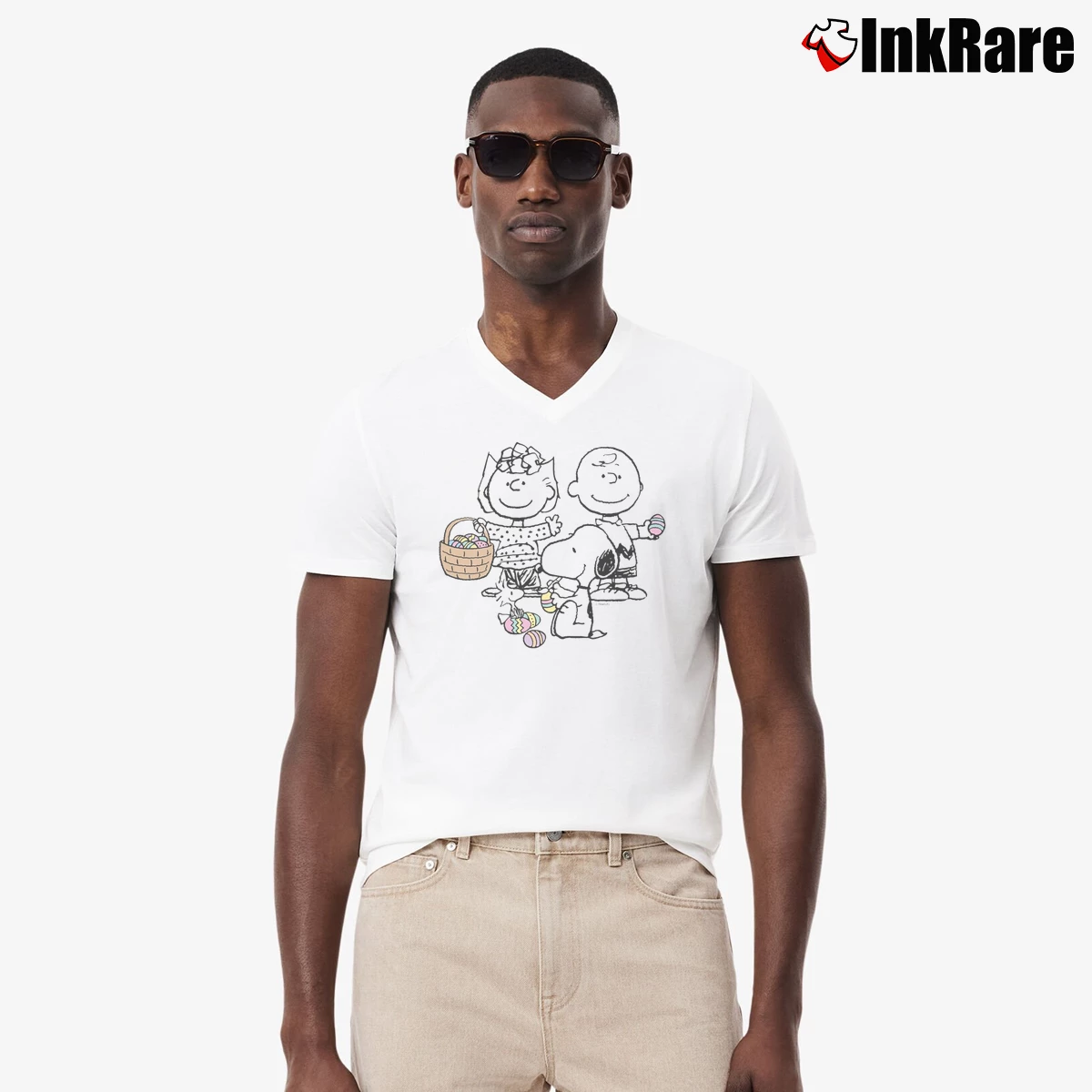 Snoopy And Charlie Brown Happy Easter Men’s V-Neck Tee in white – Modern Essential Men’s Snoopy And Charlie Brown Happy Easter V-Neck Tee in white | Sharp, Breathable, Everyday Staple