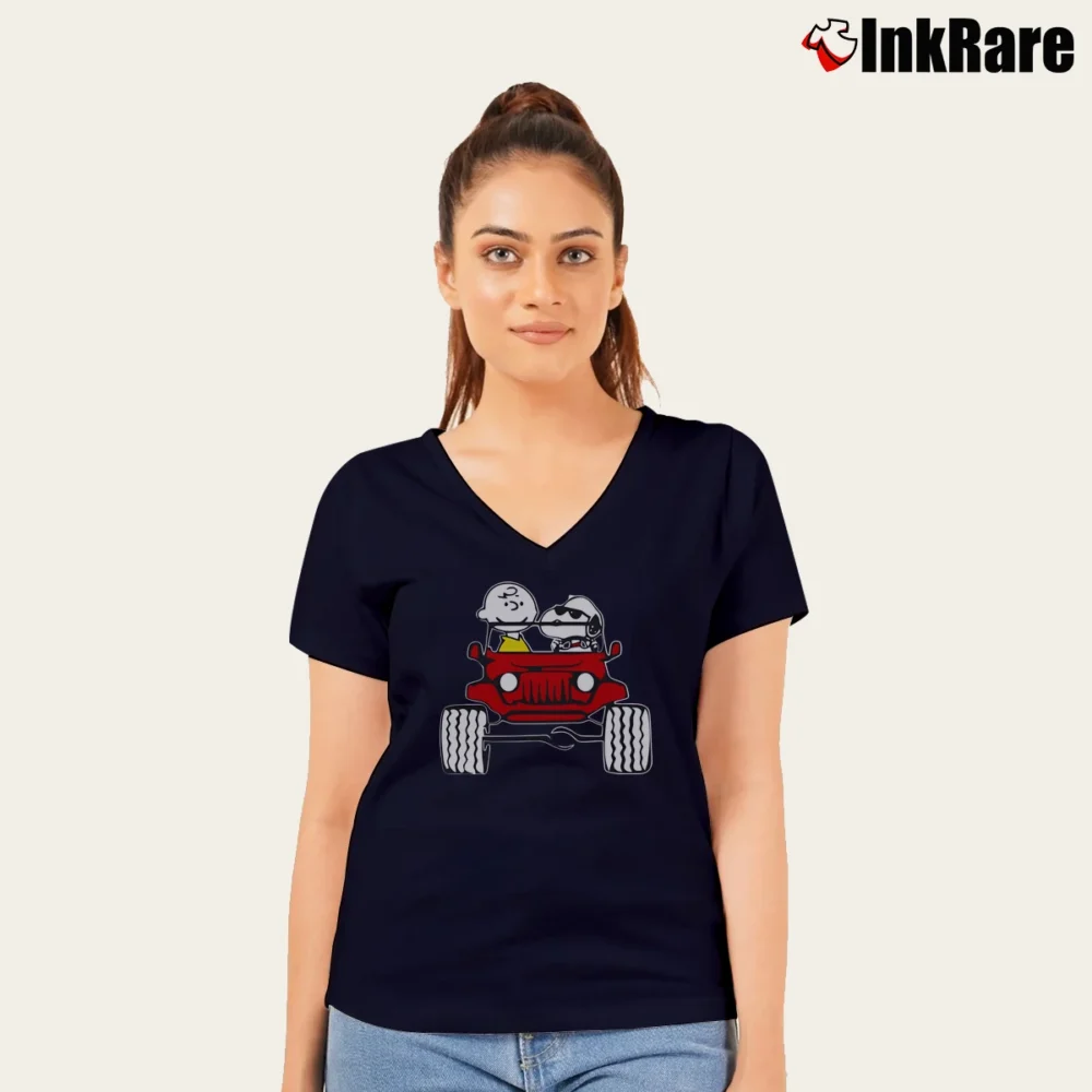 Women’s Snoopy And Charlie Brown Jeep V-Neck Tee in navy | Chic Neckline, Soft Texture