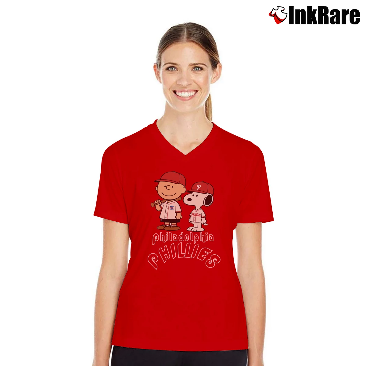 Snoopy And Charlie Brown Philadelphia Phillies Women’s V-Neck Tee in red – Flattering Fit Women’s Snoopy And Charlie Brown Philadelphia Phillies V-Neck Tee in red | Chic Neckline, Soft Texture