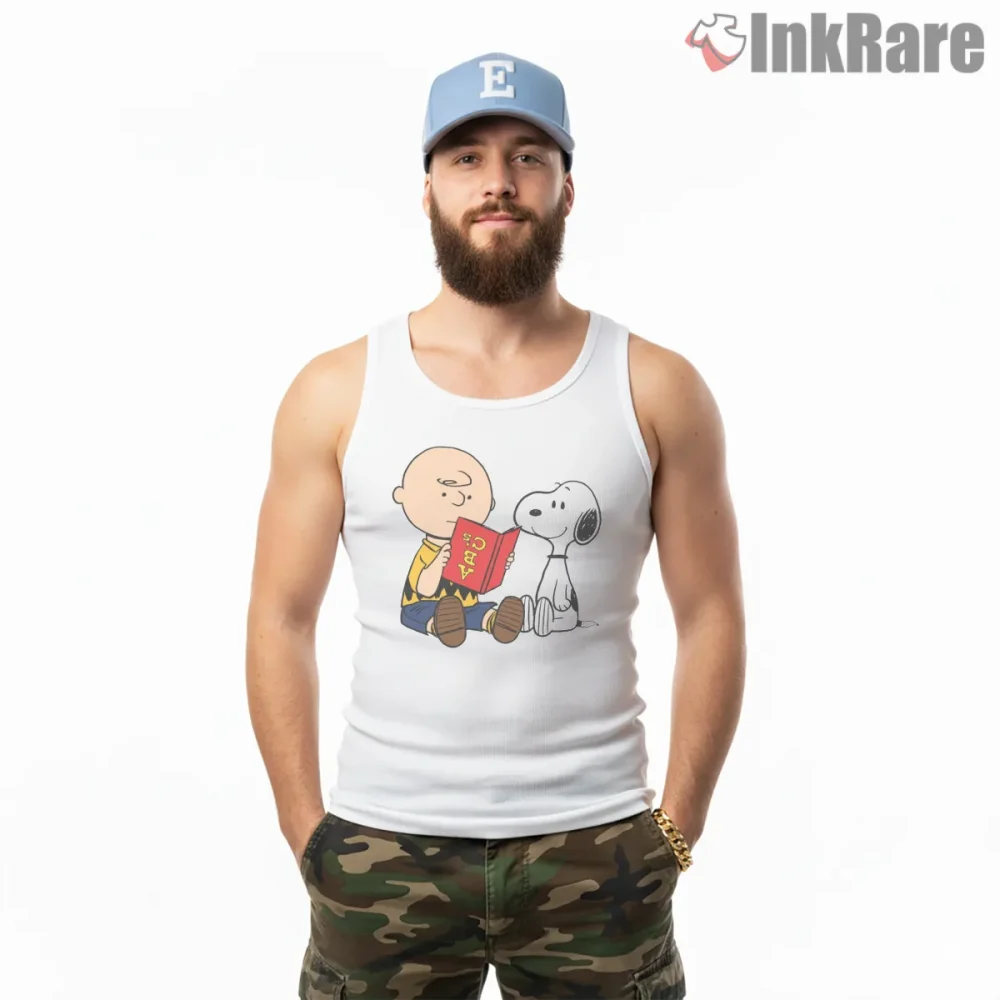 Snoopy And Charlie Brown Reading Together Shirt on white tank top for men graphic tee
