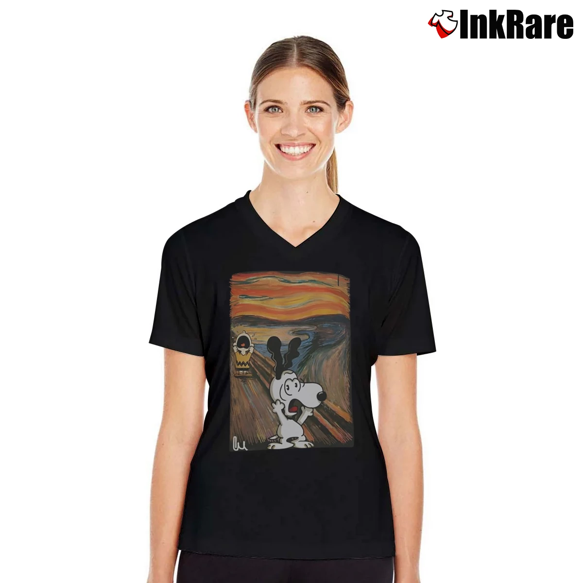 Snoopy And Charlie Brown Scream Van Gogh Women’s V-Neck Tee in black – Flattering Fit Women’s Snoopy And Charlie Brown Scream Van Gogh V-Neck Tee in black | Chic Neckline, Soft Texture
