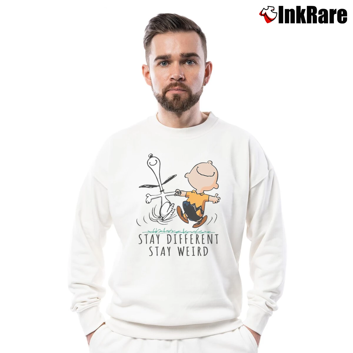 Men’s Snoopy And Charlie Brown Stay Different Stay Weird Crewneck Sweatshirt in white | Cozy Fabric, Clean Style