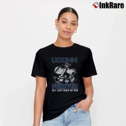 Women’s Snoopy And Charlie Brown Uconn Huskies High Five Forever Not Just When We Win T-Shirt in black | Soft, Flattering Fit