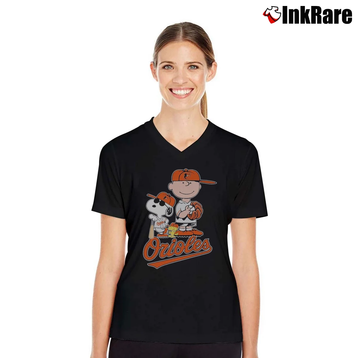Snoopy And Charlie Brown Woodstock Baltimore Orioles Women’s V-Neck Tee in black – Flattering Fit Women’s Snoopy And Charlie Brown Woodstock Baltimore Orioles V-Neck Tee in black | Chic Neckline, Soft Texture