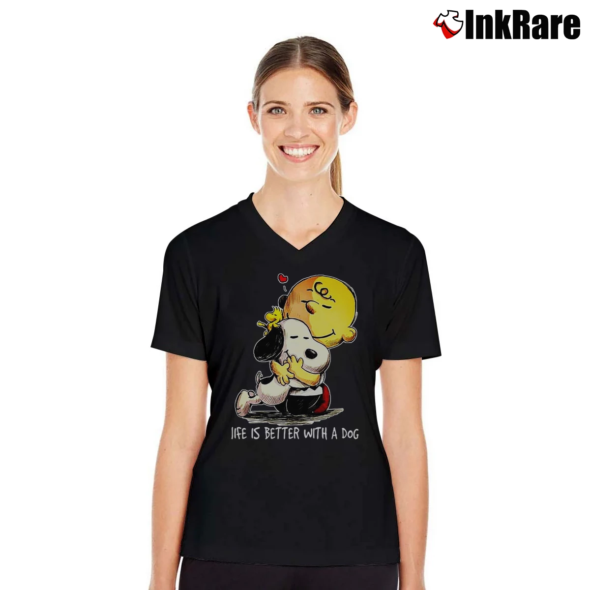 Snoopy And Charlie Brown Woodstock Life Is Better With A Dog Women’s V-Neck Tee in black – Flattering Fit Women’s Snoopy And Charlie Brown Woodstock Life Is Better With A Dog V-Neck Tee in black | Chic Neckline, Soft Texture