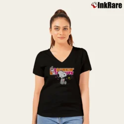 Women’s Snoopy And Dunkin Donuts Lovers Fan V-Neck Tee in black | Chic Neckline, Soft Texture
