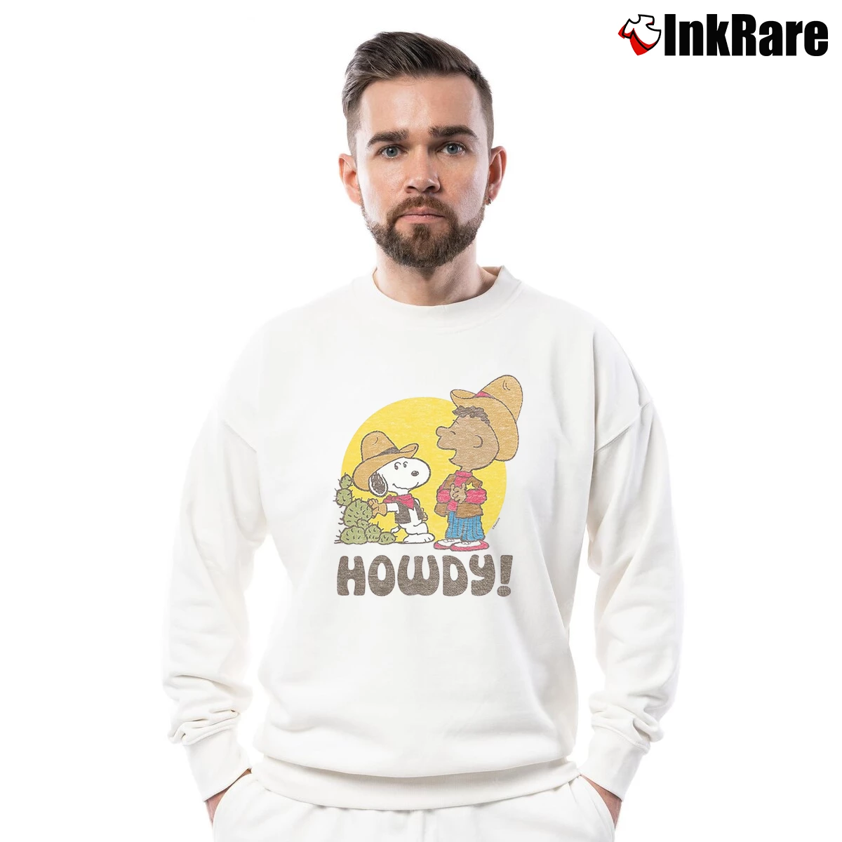 Men’s Snoopy And Franklin Western Cowboy Howdy Crewneck Sweatshirt in white | Cozy Fabric, Clean Style