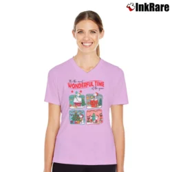 Women’s Snoopy And Friends Christmas Lights Cartoon Classic V-Neck Tee in light pink | Chic Neckline, Soft Texture