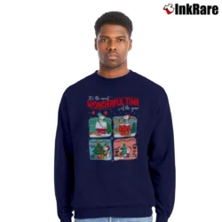 Men’s Snoopy And Friends Christmas Lights Cartoon Crewneck Sweatshirt in navy | Cozy Fabric, Clean Style