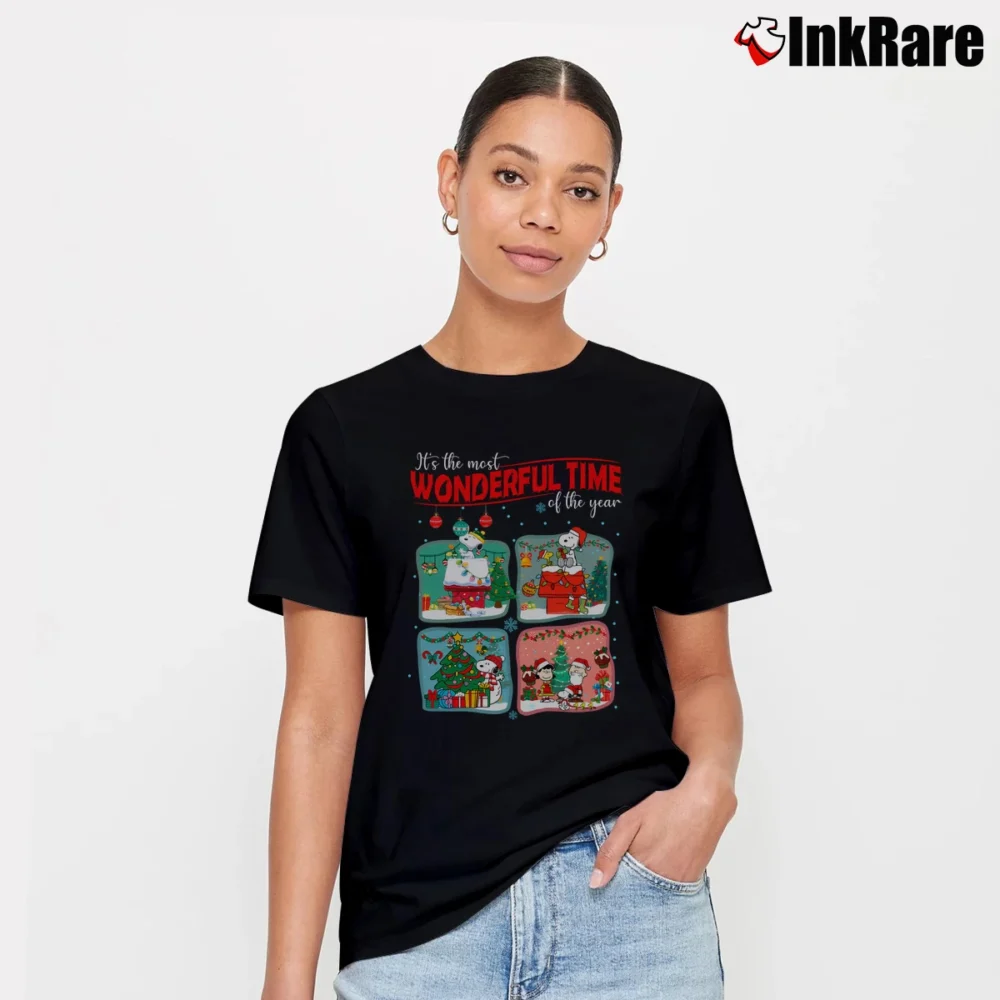 Women’s Snoopy And Friends Christmas Lights Cartoon Signature T-Shirt in black | Soft, Flattering Fit