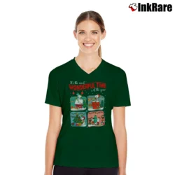 Women’s Snoopy And Friends Christmas Lights Cartoon V-Neck Tee in forest green | Chic Neckline, Soft Texture