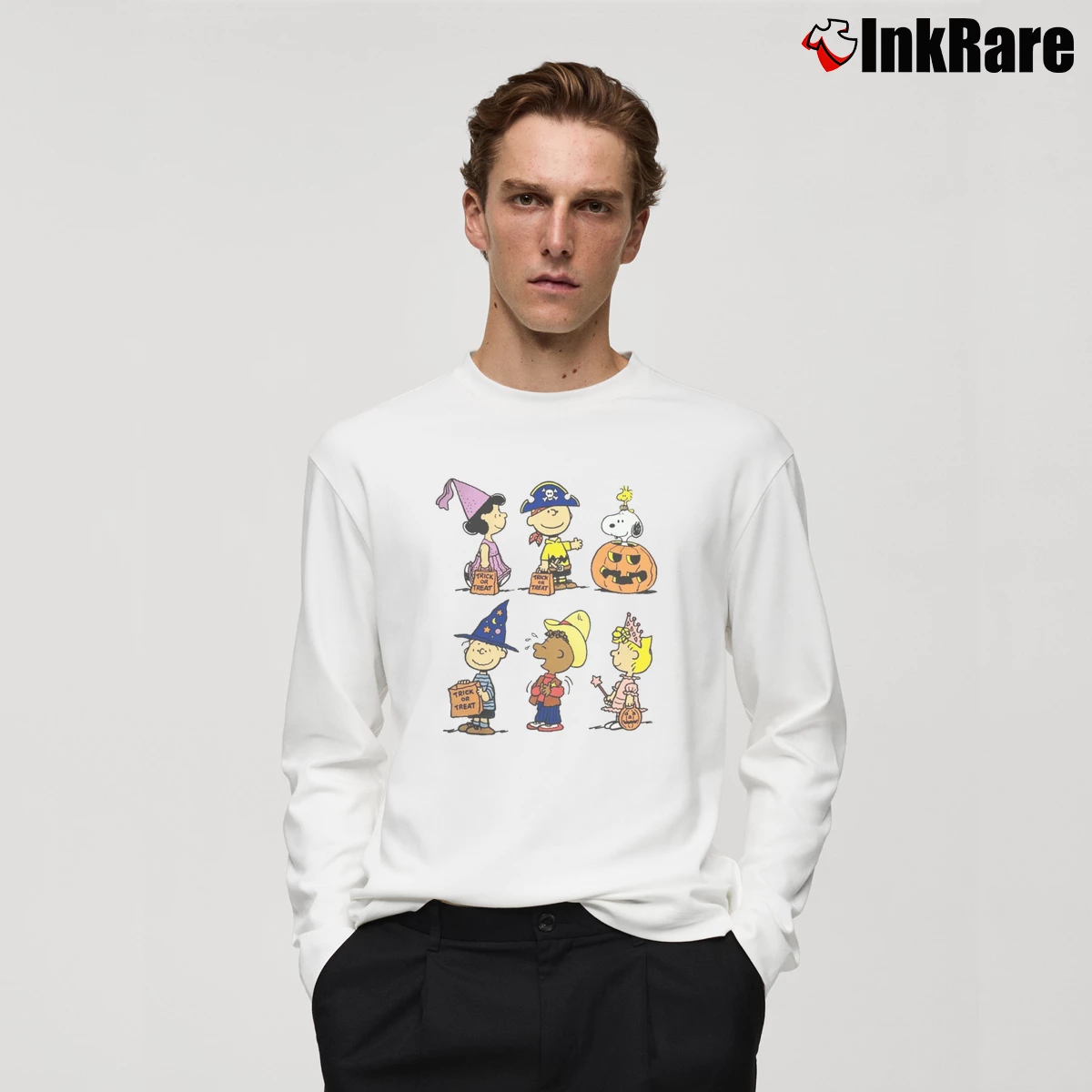 Snoopy And Friends Halloween Trick Or Treat Men’s Long-Sleeve Tee in white – Versatile Layering Men’s Snoopy And Friends Halloween Trick Or Treat Long-Sleeve Shirt in white | Sleek, Lightweight, Year-Round Wear