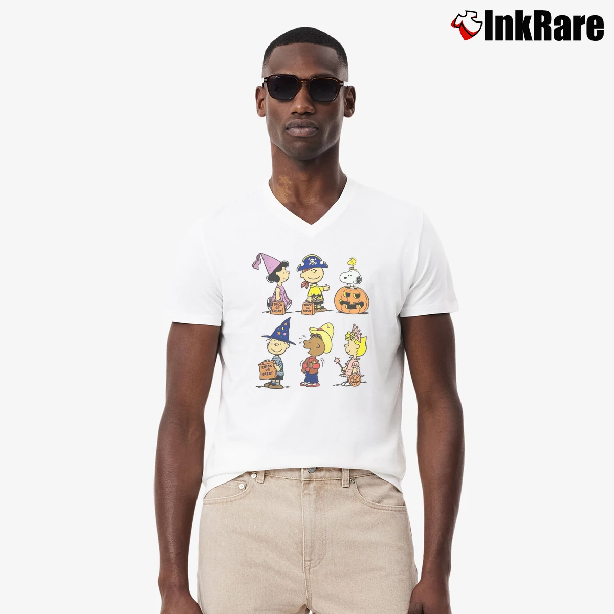 Snoopy And Friends Halloween Trick Or Treat Men’s V-Neck Tee in white – Modern Essential Men’s Snoopy And Friends Halloween Trick Or Treat V-Neck Tee in white | Sharp, Breathable, Everyday Staple