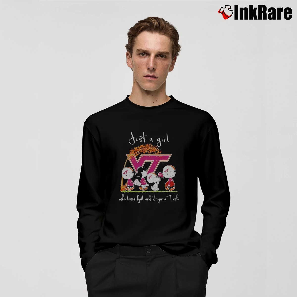 Snoopy And Friends Just A Girt Who Loves Fall And Virginia Tech Men’s Long-Sleeve Tee in black – Versatile Layering Men’s Snoopy And Friends Just A Girt Who Loves Fall And Virginia Tech Long-Sleeve Shirt in black | Sleek, Lightweight, Year-Round Wear