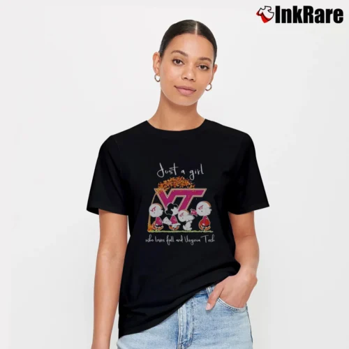 Snoopy And Friends Just A Girt Who Loves Fall And Virginia Tech Women’s Tee in black – Effortless Style Women’s Snoopy And Friends Just A Girt Who Loves Fall And Virginia Tech T-Shirt in black | Soft, Flattering Fit