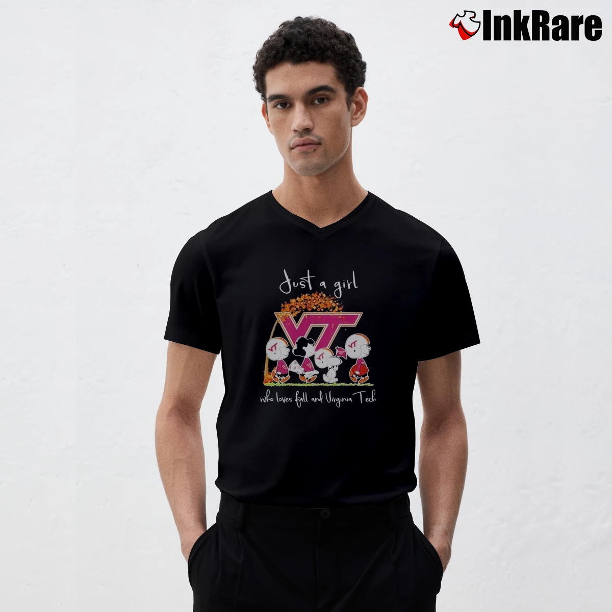 Snoopy And Friends Just A Girt Who Loves Fall And Virginia Tech Men’s V-Neck Tee in black – Modern Essential Men’s Snoopy And Friends Just A Girt Who Loves Fall And Virginia Tech V-Neck Tee in black | Sharp, Breathable, Everyday Staple