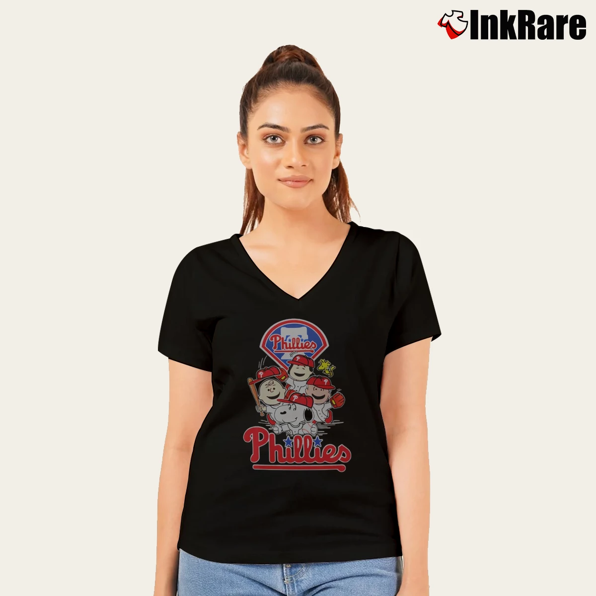 Snoopy And Friends Philadelphia Phillies Women’s V-Neck Tee in black – Flattering Fit Women’s Snoopy And Friends Philadelphia Phillies V-Neck Tee in black | Chic Neckline, Soft Texture