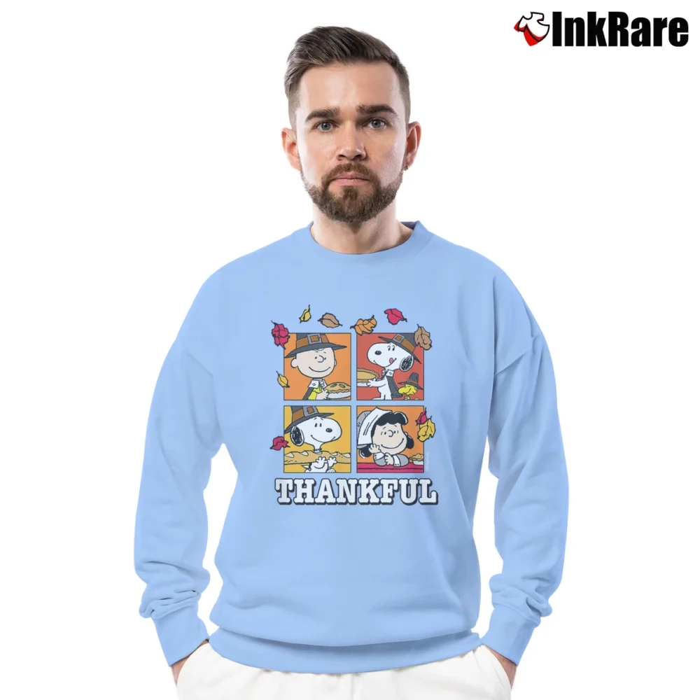 Men’s Snoopy And Friends Thankful Fall Leaves Crewneck Sweatshirt in light blue | Cozy Fabric, Clean Style