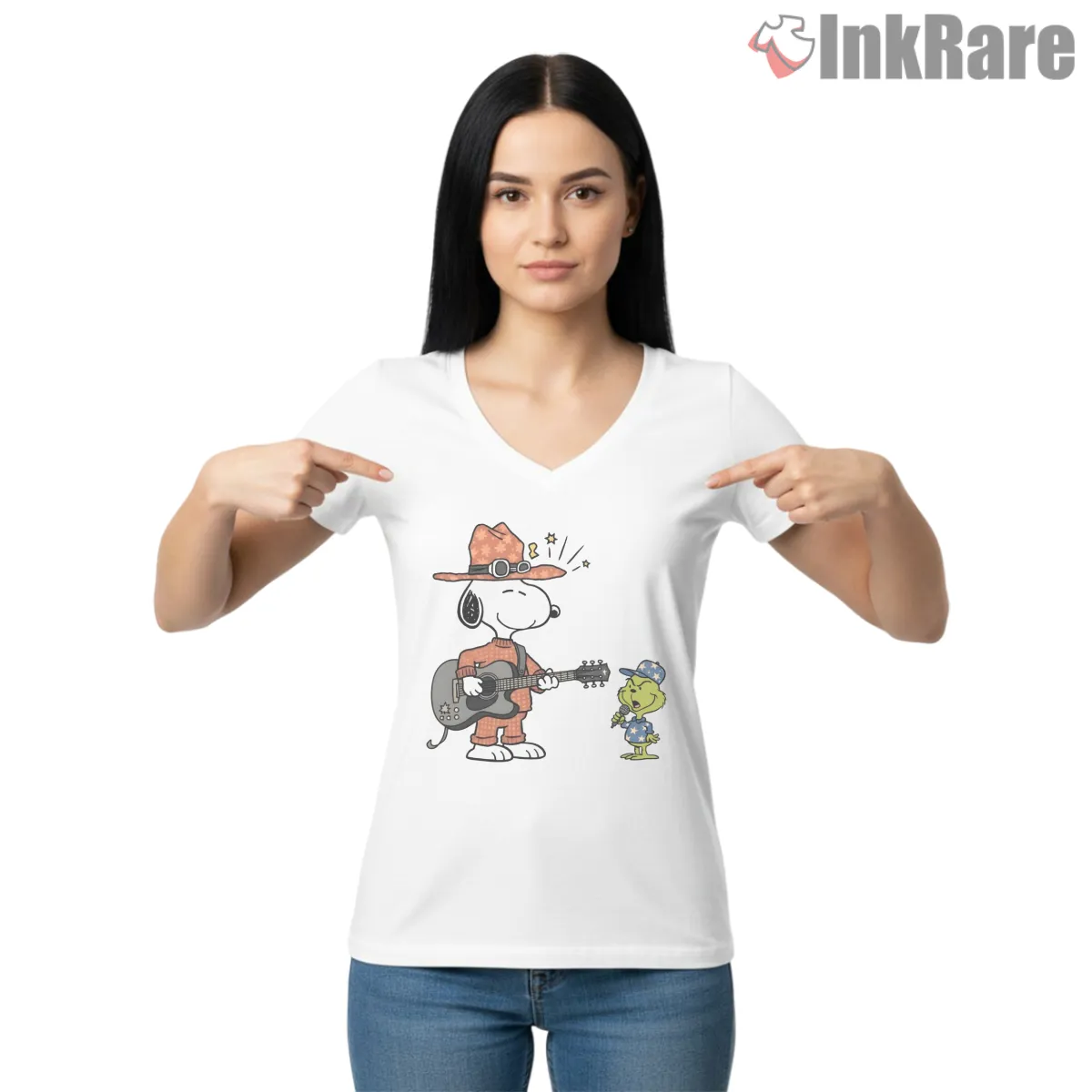 Snoopy And Grinch Acoustic Music Duo Shirt on white v-neck shirt for women graphic tee