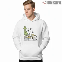 Snoopy And Grinch Holiday Bike Ride Shirt on white hoodie for men graphic tee