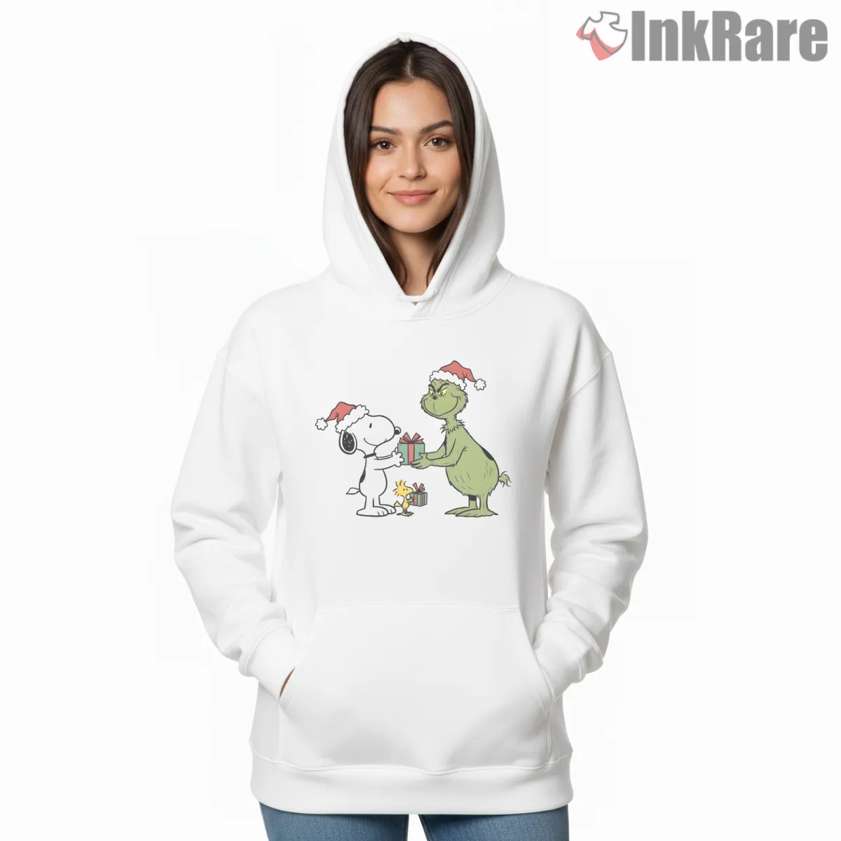 Snoopy And Grinch Holiday Gift Exchange Hoodie White Snoopy And Grinch Holiday Gift Exchange Shirt on white hoodie for women graphic tee
