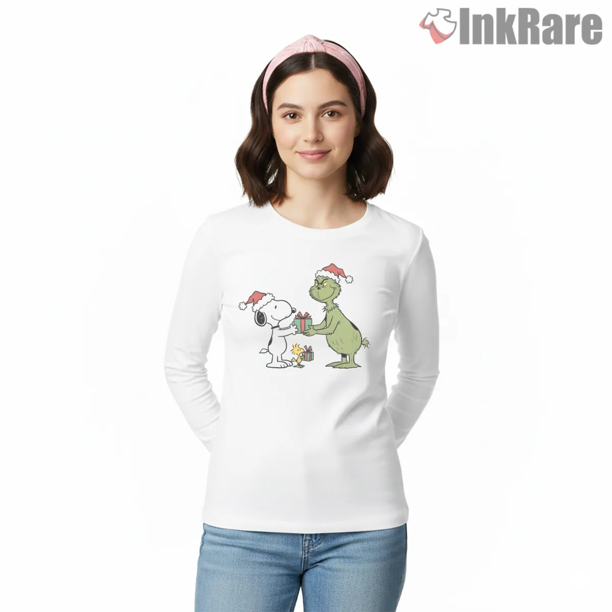 Snoopy And Grinch Holiday Gift Exchange Long Sleeve White Snoopy And Grinch Holiday Gift Exchange Shirt on white long sleeve shirt for women graphic tee