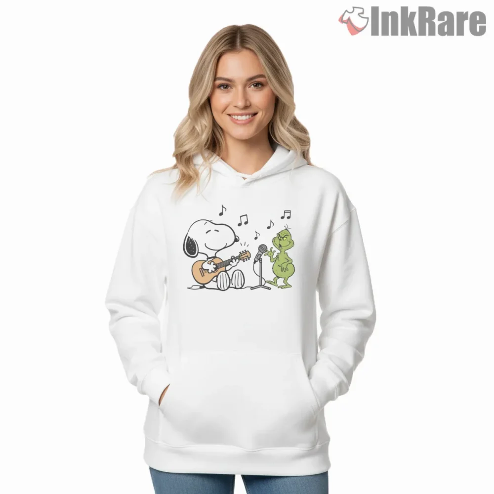 Snoopy And Grinch Music Duo Shirt on white hoodie for women graphic tee