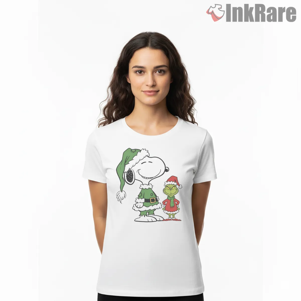 Snoopy And Grinch Santa Elf Christmas Shirt on white short sleeve shirt for women graphic tee