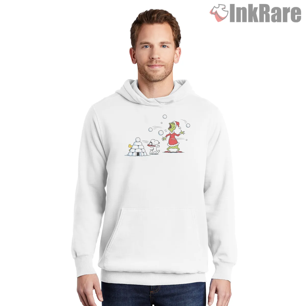 Snoopy And Grinch Snowball Battle Shirt on white hoodie for men graphic tee