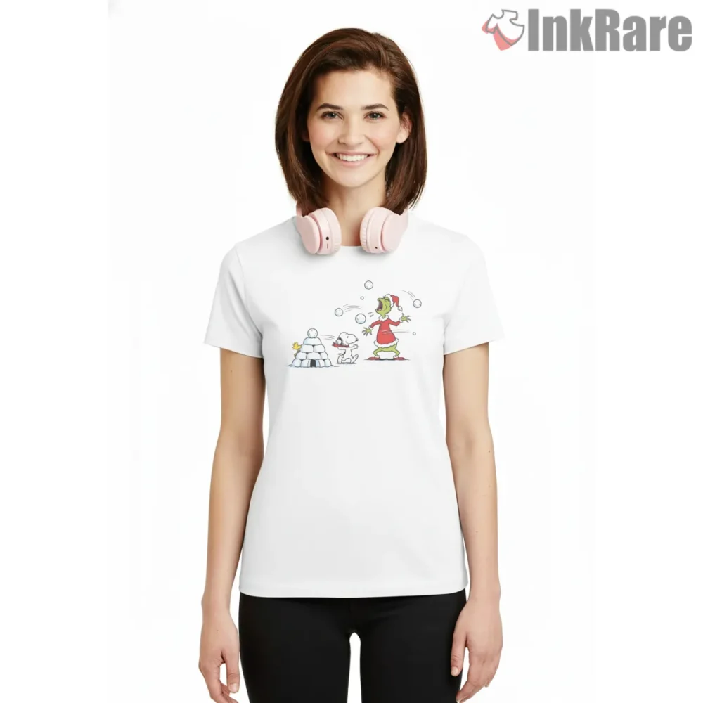 Snoopy And Grinch Snowball Battle Shirt on white short sleeve shirt for women graphic tee