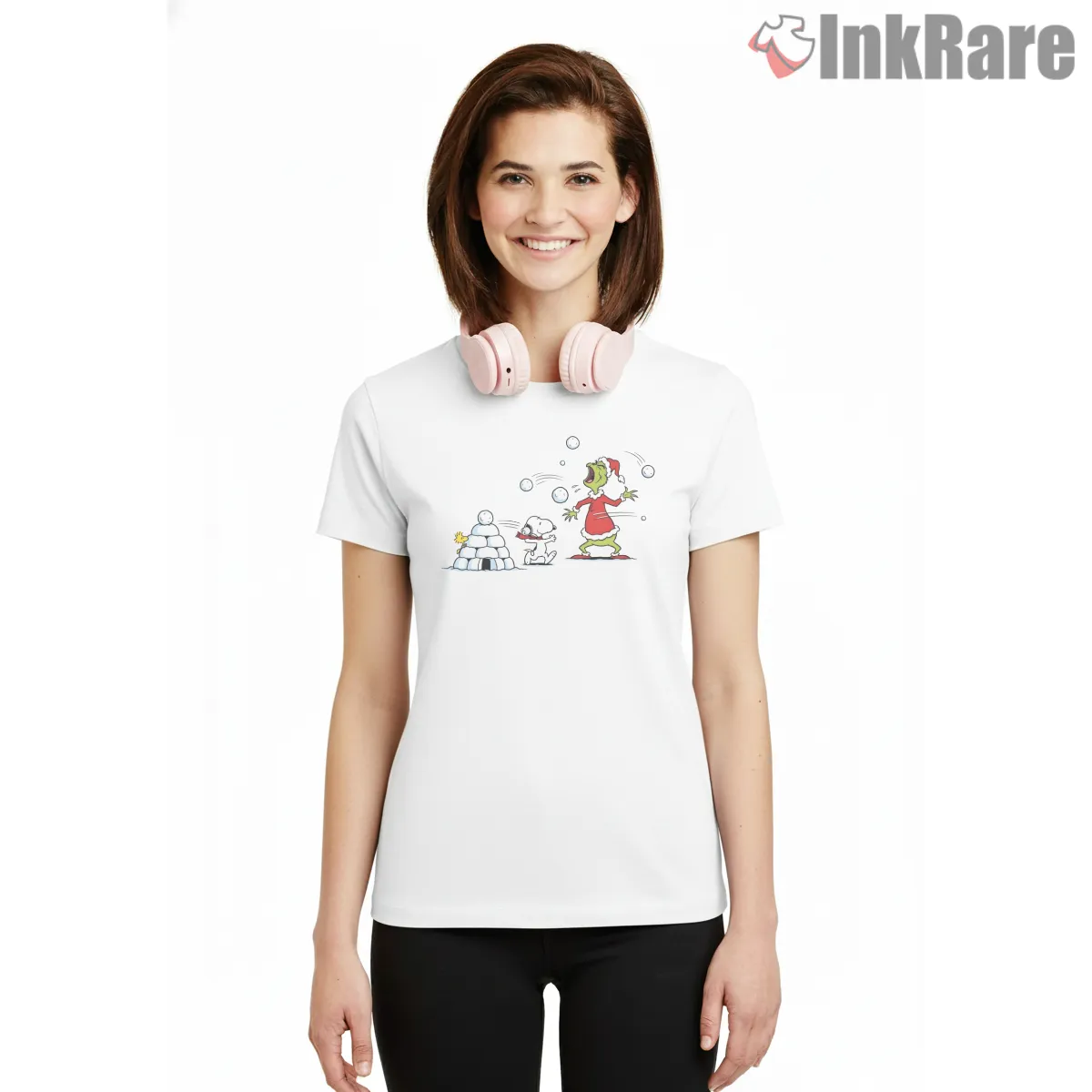 Snoopy And Grinch Snowball Battle Short Sleeve White Snoopy And Grinch Snowball Battle Shirt on white short sleeve shirt for women graphic tee