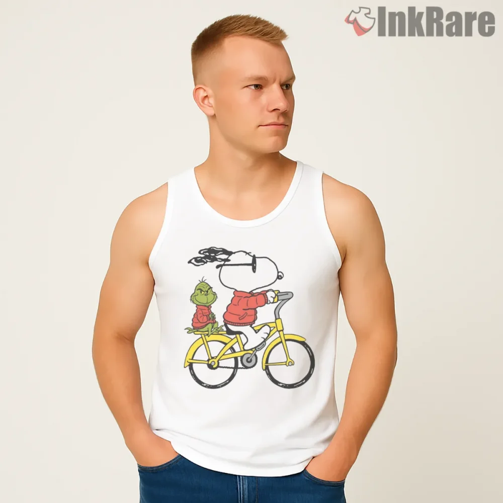 Snoopy And Grinch Winter Bike Adventure Shirt on white tank top for men graphic tee