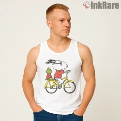 Snoopy And Grinch Winter Bike Adventure Shirt on white tank top for men graphic tee