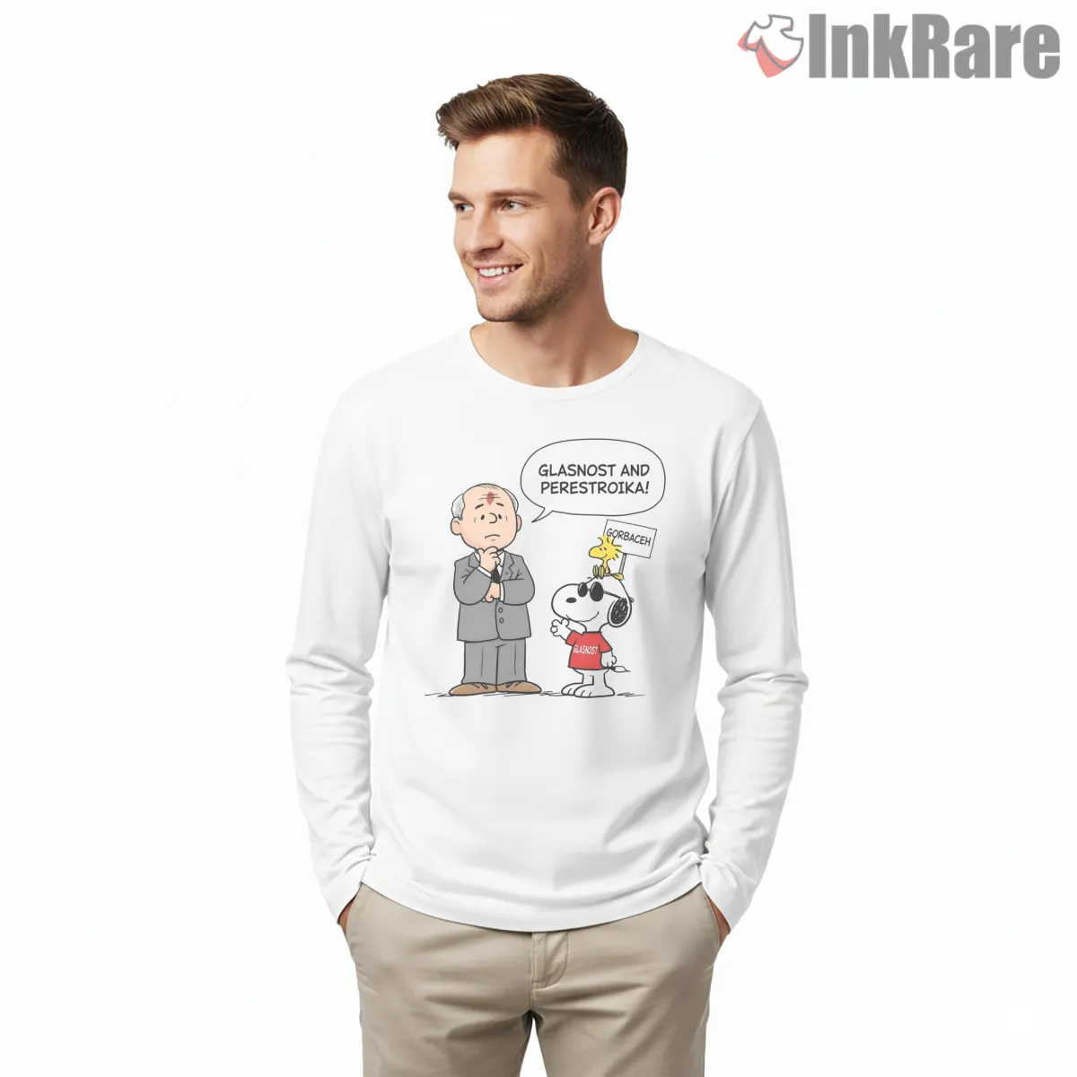 Snoopy And Historic Leader Cartoon Satire Long Sleeve White Snoopy And Historic Leader Cartoon Satire Shirt on white long sleeve shirt for men graphic tee