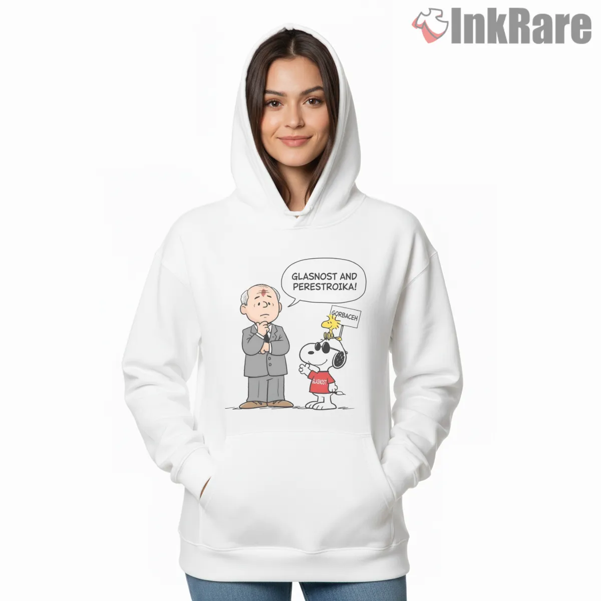 Snoopy And Historic Leader Cartoon Satire Shirt on white hoodie for women graphic tee