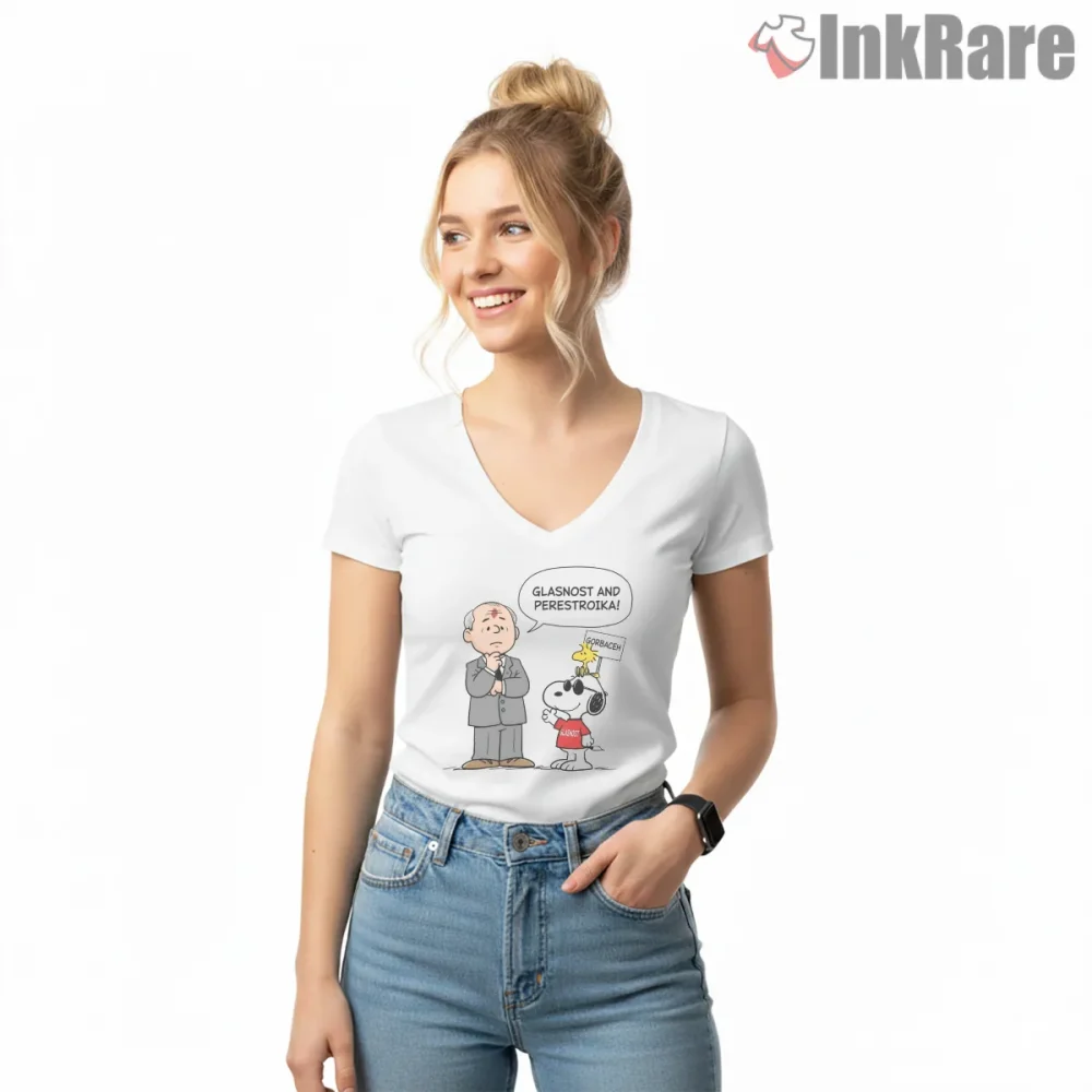 Snoopy And Historic Leader Cartoon Satire Shirt on white v-neck shirt for women graphic tee