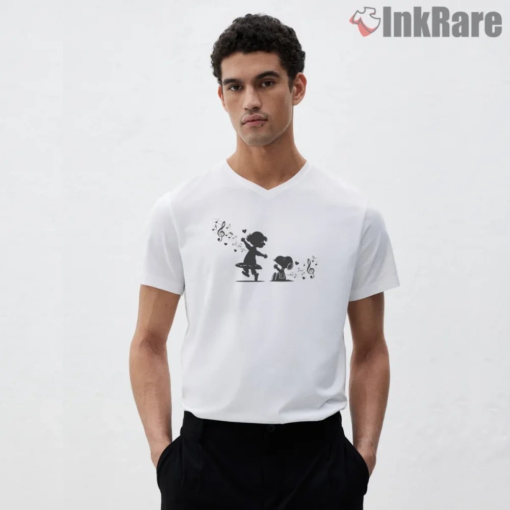 Snoopy And Lucy Dancing Music Silhouette Shirt on white v-neck shirt for men graphic tee