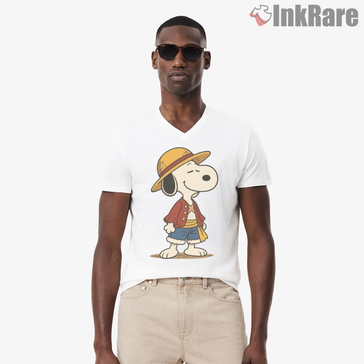 Snoopy And Monkey D Luffy One Piece Anime Crossover V Neck White Snoopy And Monkey D Luffy One Piece Anime Crossover Shirt on white v-neck shirt for men graphic tee