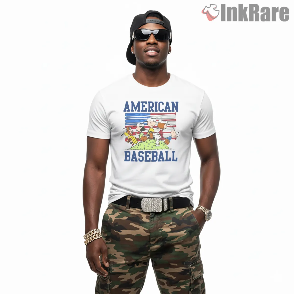Snoopy And Peanuts Gang American Baseball Shirt on white short sleeve shirt for men graphic tee