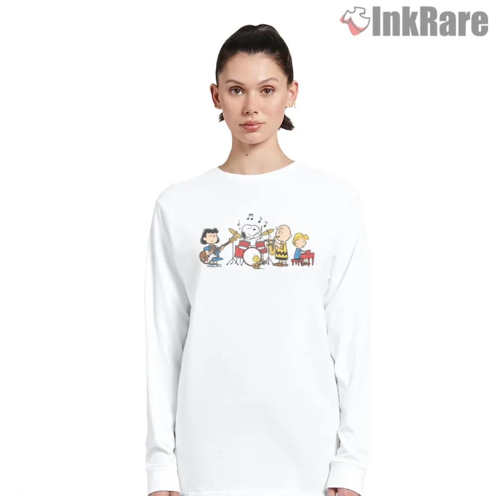 Snoopy And Peanuts Music Jam Session Shirt on white long sleeve shirt for women graphic tee
