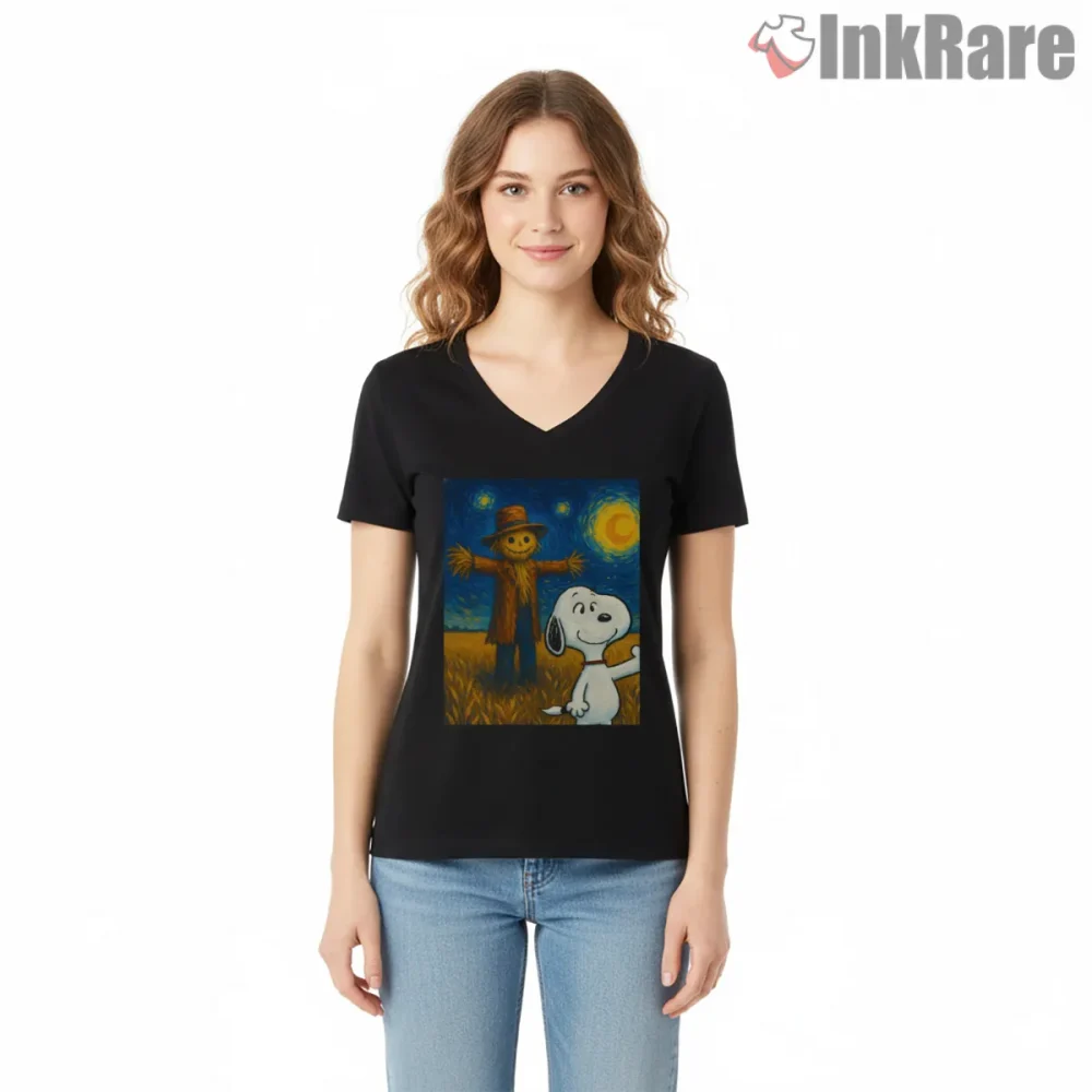 Snoopy And Scarecrow Starry Night Art Parody Shirt on black v-neck shirt for women graphic tee