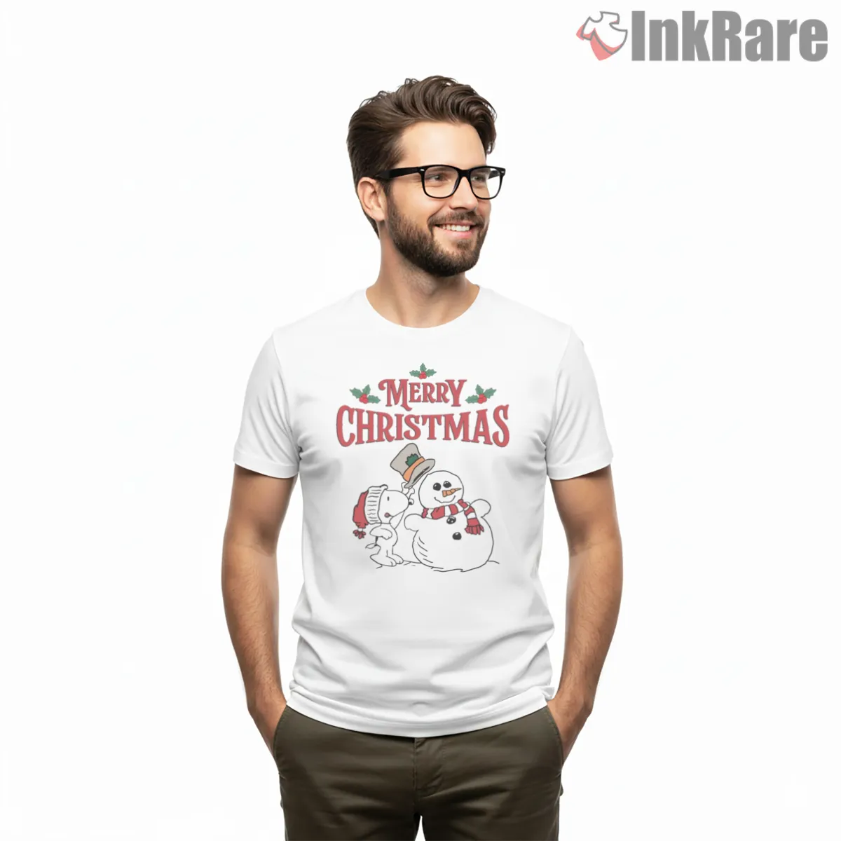 Snoopy And Snowman Merry Christmas Shirt on white short sleeve shirt for men graphic tee