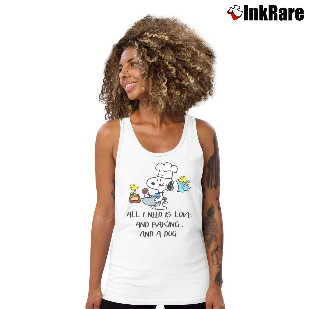 Women’s Snoopy And Woodstock All I Need Is Love And Baking And A Dog Tank Top in white | Lightweight, Movement-Friendly