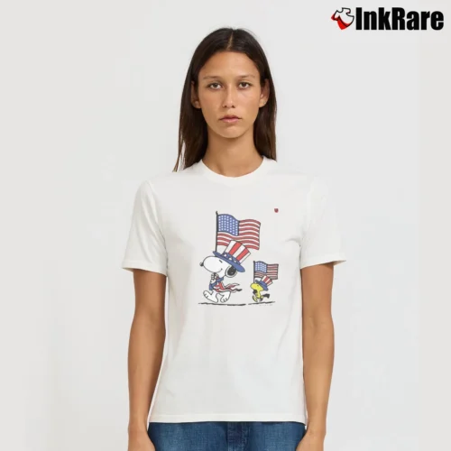 Snoopy And Woodstock American Flags Women’s Tee in white – Effortless Style Women’s Snoopy And Woodstock American Flags T-Shirt in white | Soft, Flattering Fit