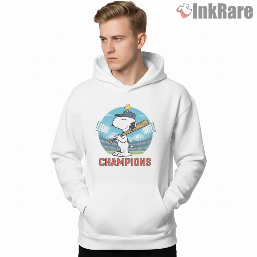 Snoopy And Woodstock Baseball Champions Shirt on white hoodie for men graphic tee