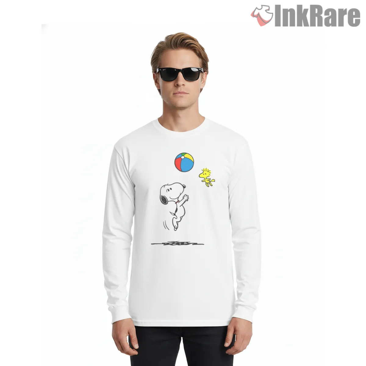 Snoopy And Woodstock Beach Ball Fun Long Sleeve White Snoopy And Woodstock Beach Ball Fun Shirt on white long sleeve shirt for men graphic tee