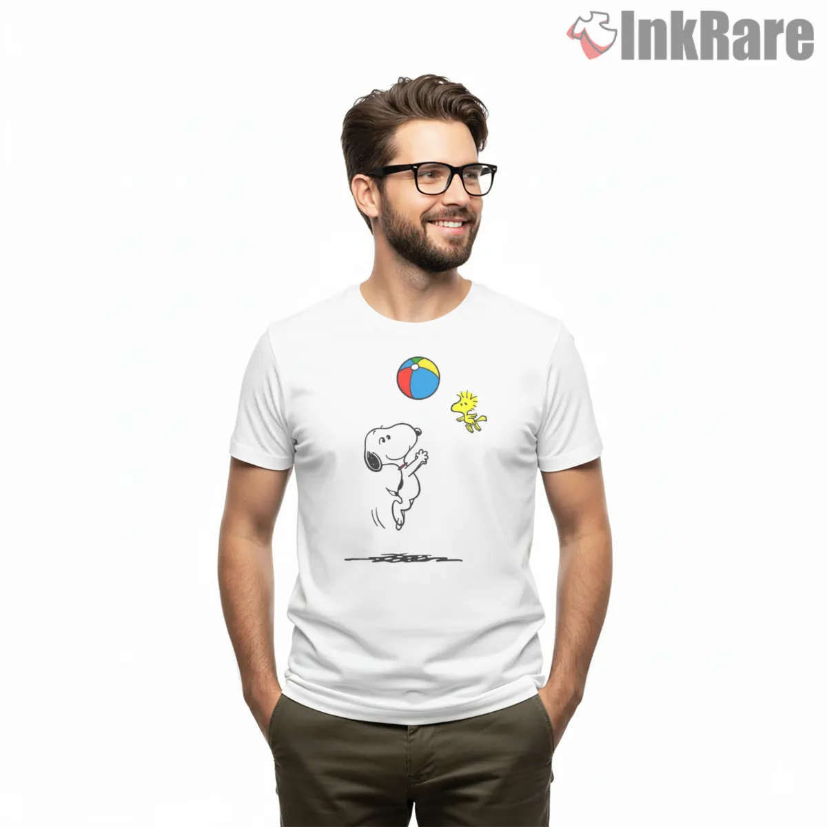 Snoopy And Woodstock Beach Ball Fun Short Sleeve White Snoopy And Woodstock Beach Ball Fun Shirt on white short sleeve shirt for men graphic tee