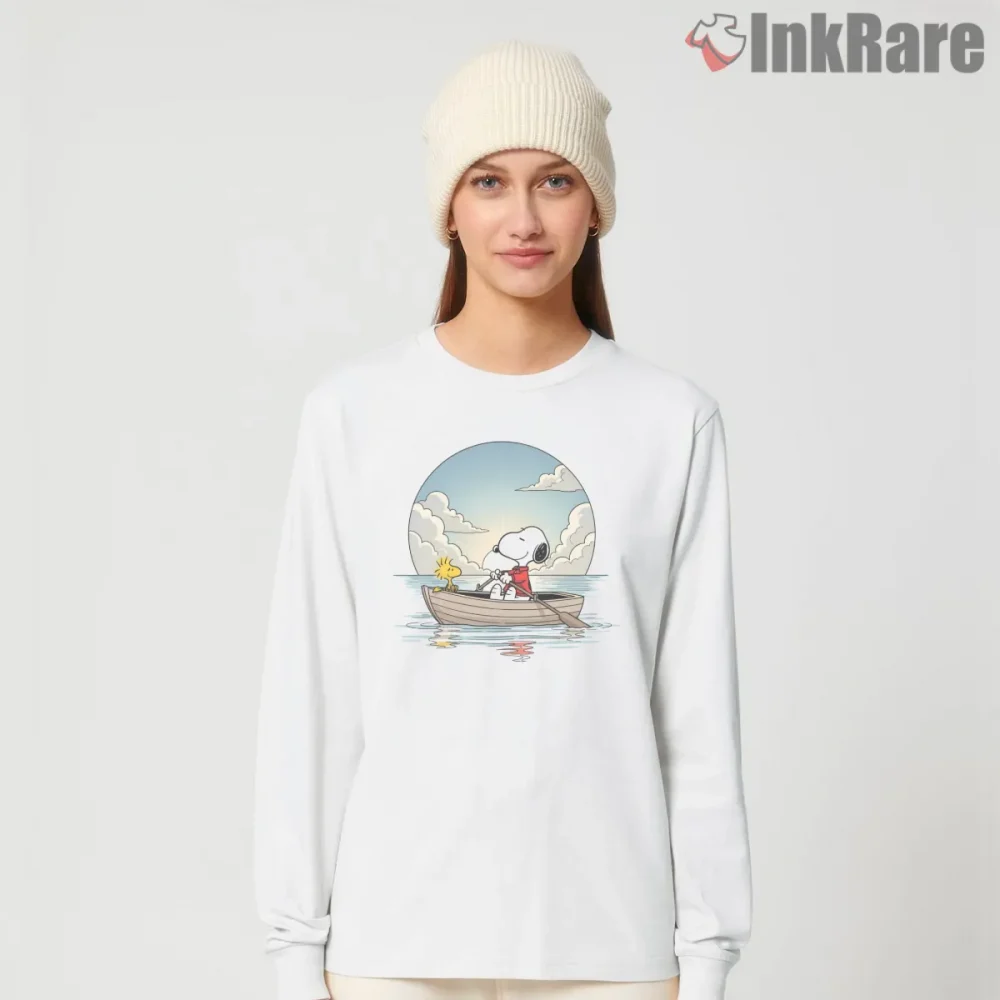 Snoopy And Woodstock Calm Sea Rowboat Shirt on white long sleeve shirt for women graphic tee